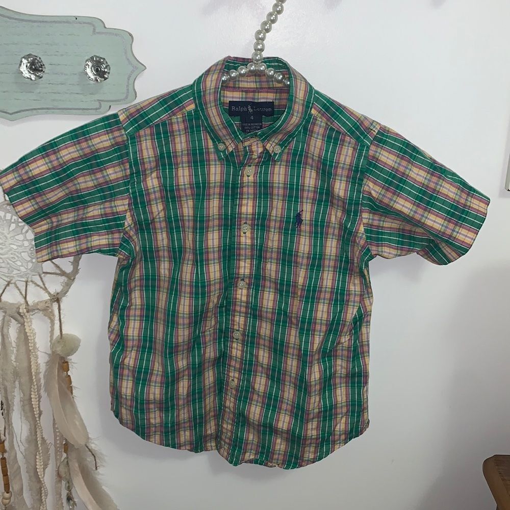 Polo Ralph Lauren Boys Shirt Size 4 Green Plaid Short Sleeve 100% Cotton Pony
